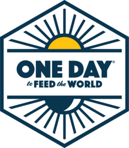 A blue and yellow logo with a sun and the text: "one day to feed the world"